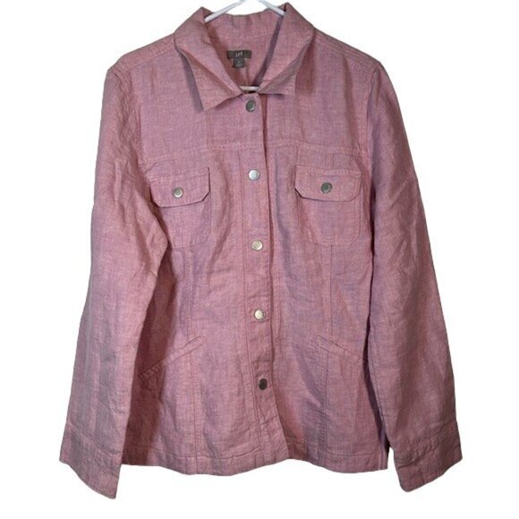 J Jill 100% Linen Pink Utility Trucker Jacket Size Large Tall EUC #0612-OC - Picture 1 of 9
